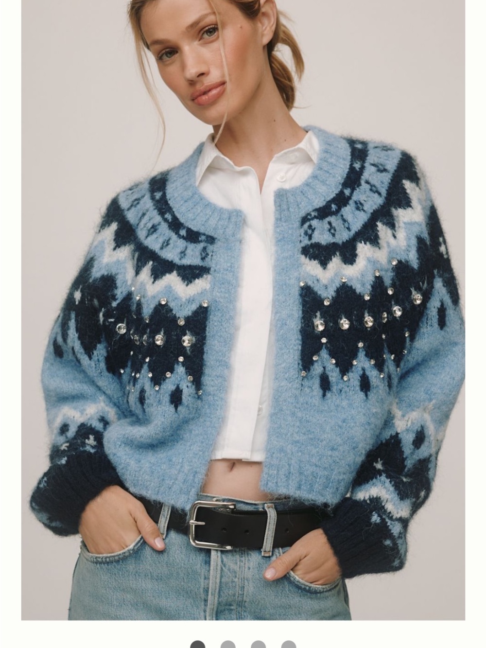 Anthropologie Light Blue & Navy Beaded Fair Isle Cropped Cardigan